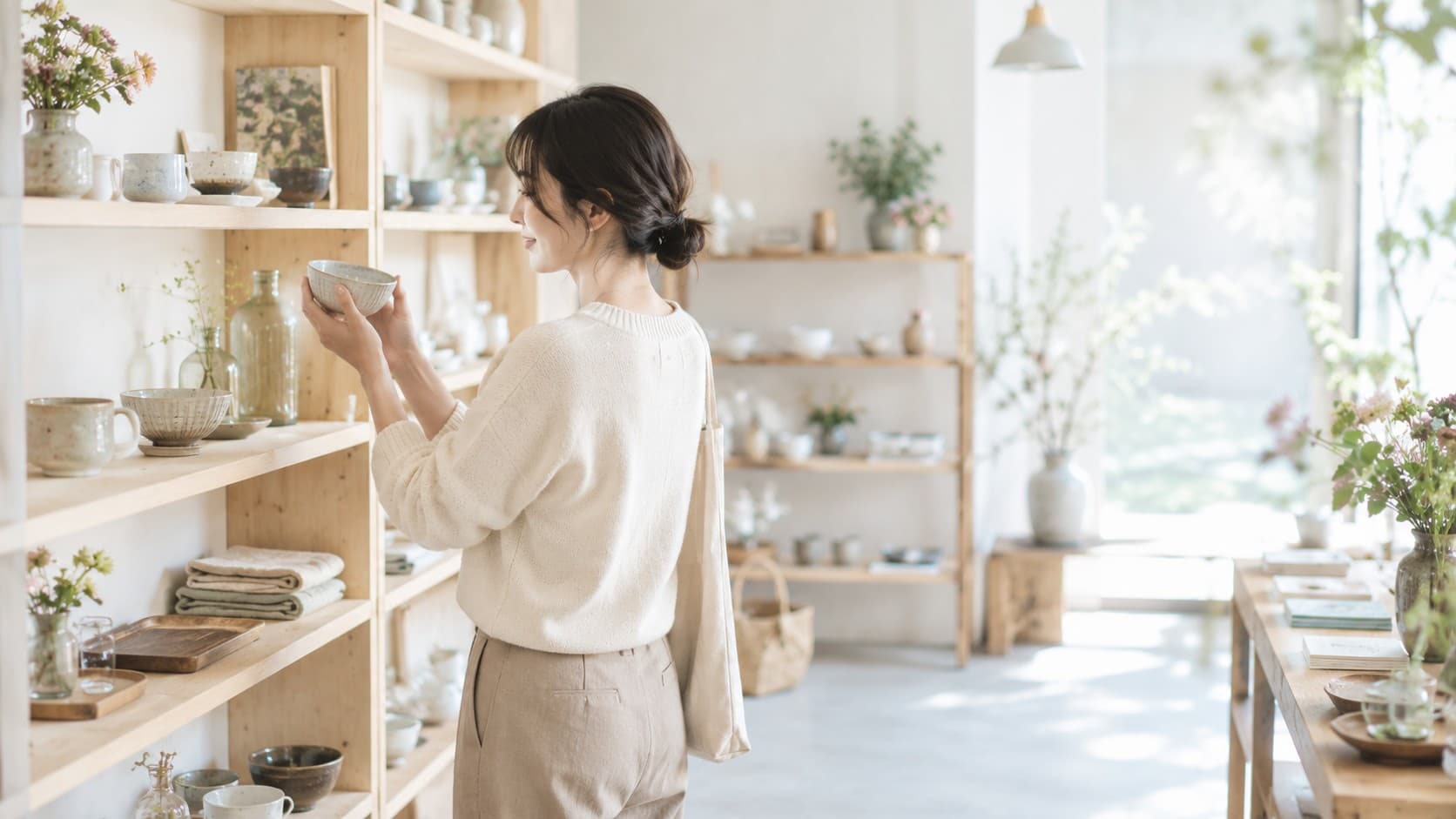 A Japanese woman examining a handmade ceramic bowl on a light wood shelf in a bright, uncluttered lifestyle goods shop in Japan
